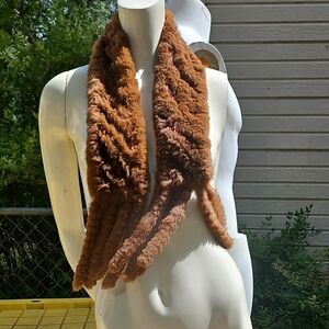 SPI 25 47" Genuine Rabbit Fur Brown Faux Fox Stole Scarf Fringed Legs